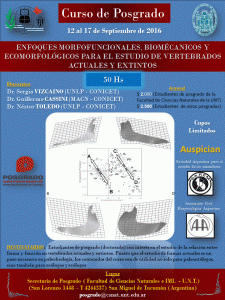 Afiche del curso «Enfoques morfofuncionales, biomecánicos y ecomorfológicos para el estudio de vertebrados actuales y extintos»